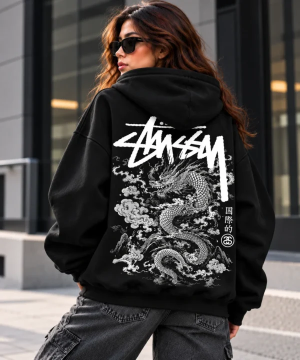 stussy dragon hoodie model wear back look