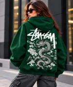 stussy dragon hoodie model wear back look green