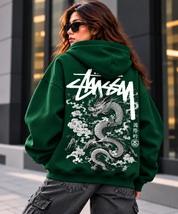 stussy dragon hoodie model wear back look green