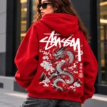 stussy dragon hoodie model wear back look red