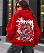 stussy dragon hoodie model wear back look red