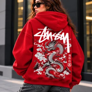 stussy dragon hoodie model wear back look red