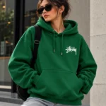 stussy green hoodie model wear front look