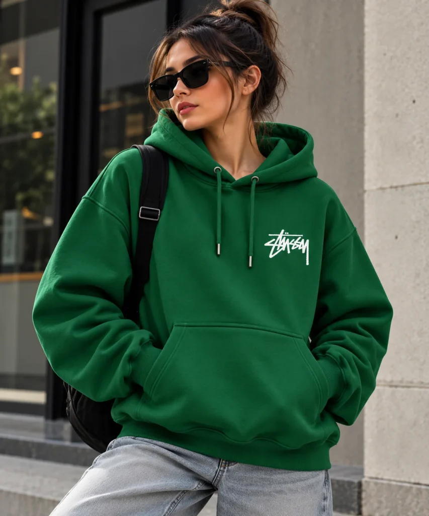 stussy green hoodie model wear front look