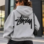stussy grey hoodie model wear back look