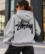 stussy grey hoodie model wear back look