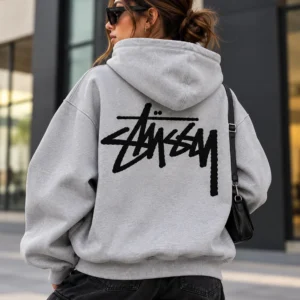 stussy grey hoodie model wear back look
