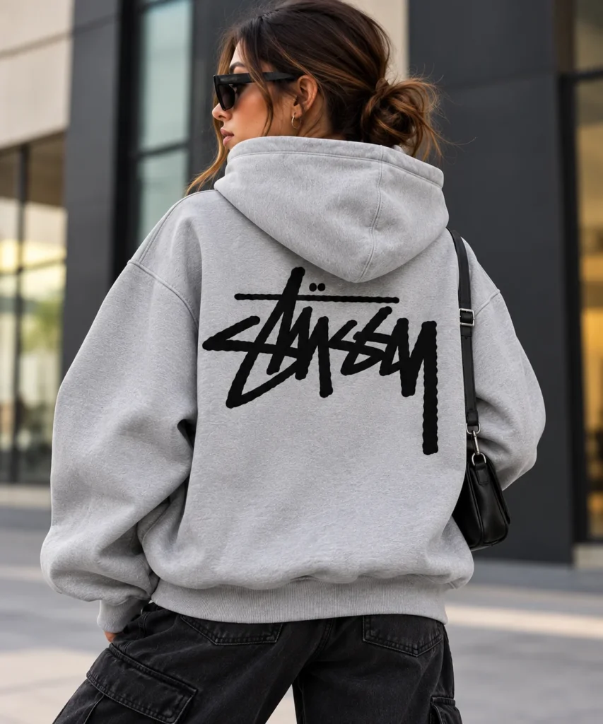 stussy grey hoodie model wear back look