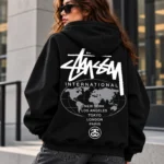 stussy international hoodie model wear back look