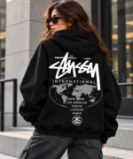 stussy international hoodie model wear back look