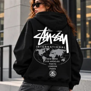 stussy international hoodie model wear back look