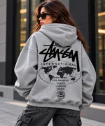 stussy international hoodie model wear back look grey