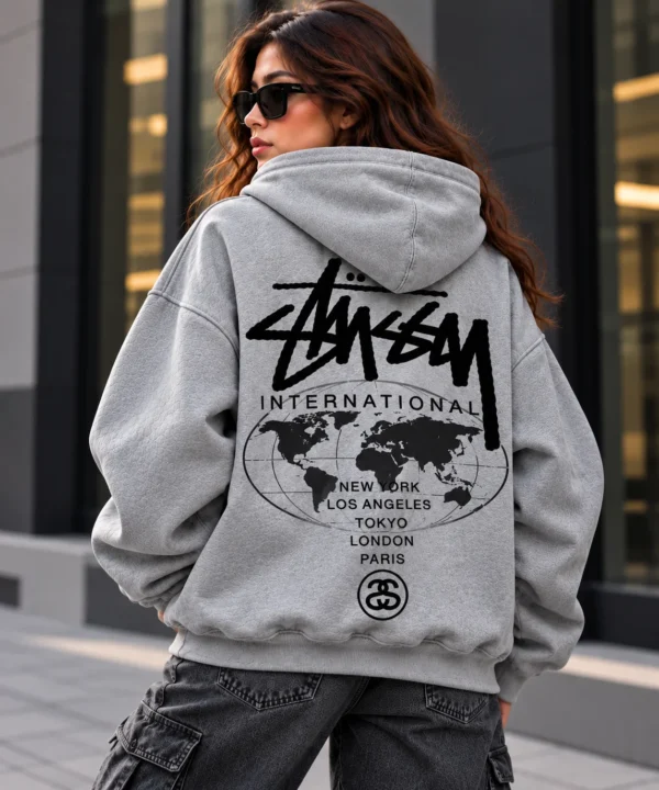 stussy international hoodie model wear back look grey