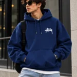 stussy navy hoodie model wear front look