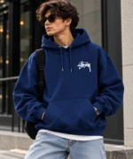 stussy navy hoodie model wear front look