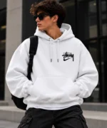 white stussy hoodie model wear front look