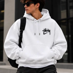 white stussy hoodie model wear front look